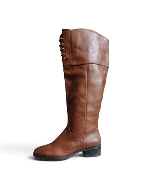 Isaac Mizrahi Women's 6 Cognac Brown Leather Knee High Riding Boots Lace Detail